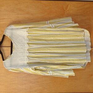 Laine Street Yellow Striped Top with Embroidered Lace Bib and Bell Sleeves small